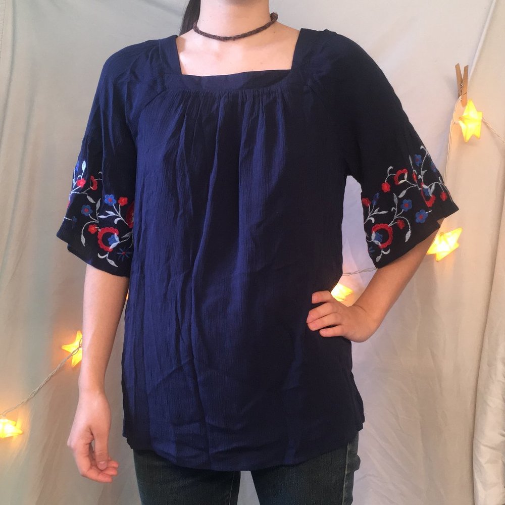 Westbound Navy Blue Embroidered Peasant Blouse